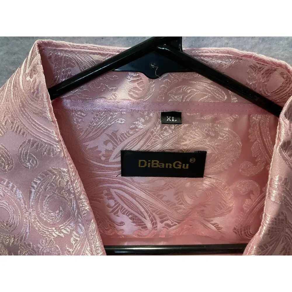DiBanGu Shirt Mens XL Pink Paisley Jacquard Long Sleeve Party Dress Shirt - Picture 2 of 8